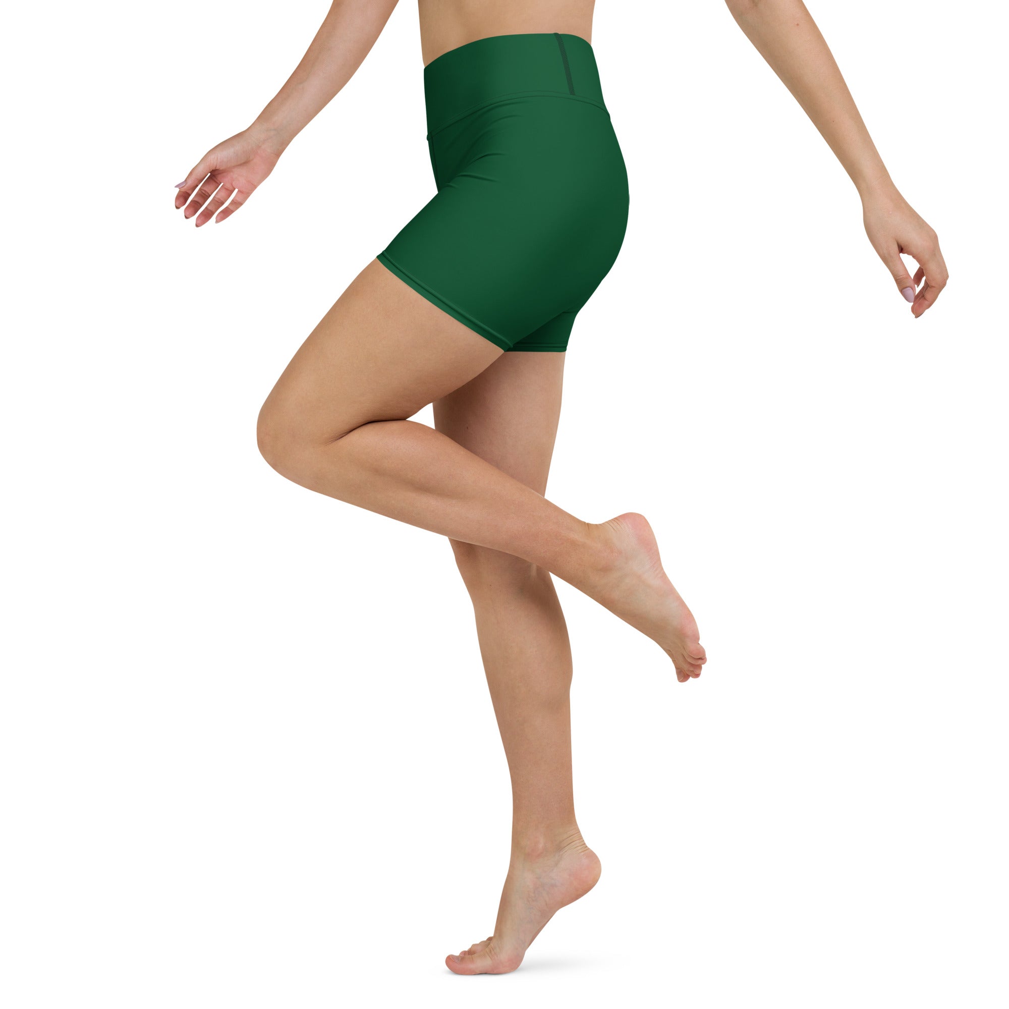 Women’s dark green high waisted buttery soft yoga shorts designed as comfortable activewear pants