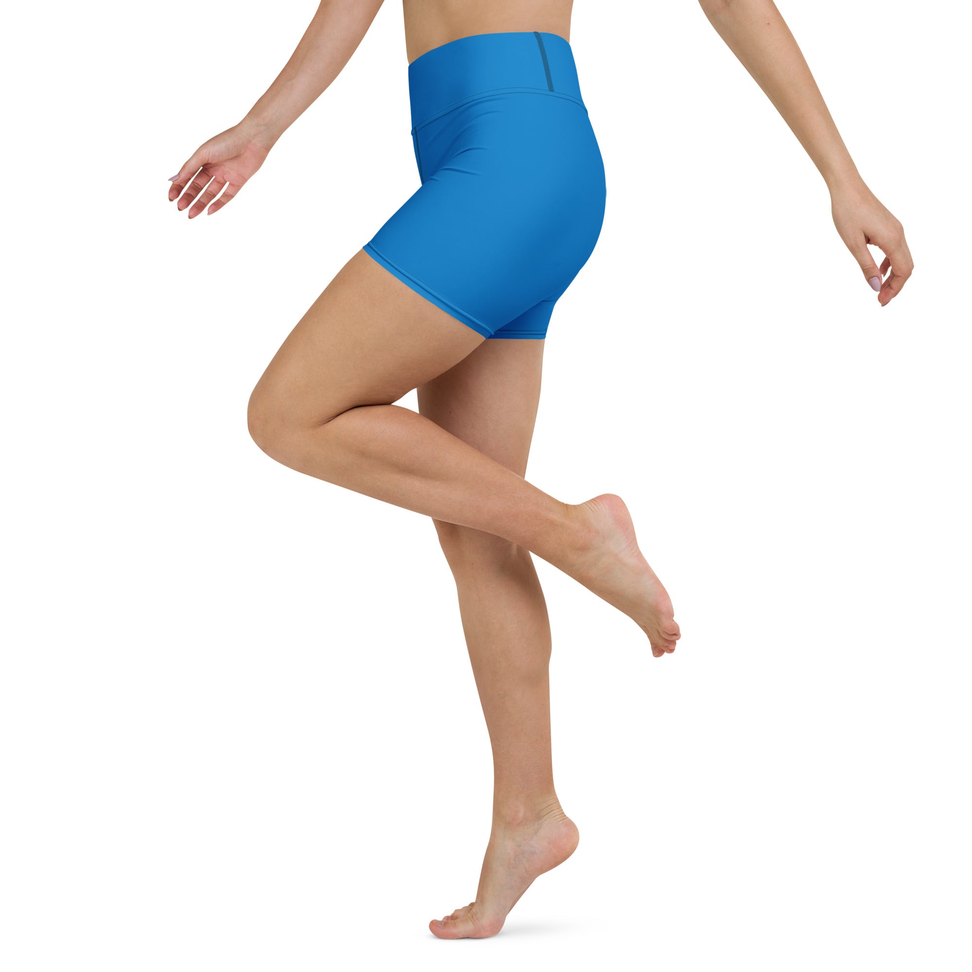 Women’s buttery soft cobalt blue high waisted yoga shorts made of smooth stretchy fabric for activewear