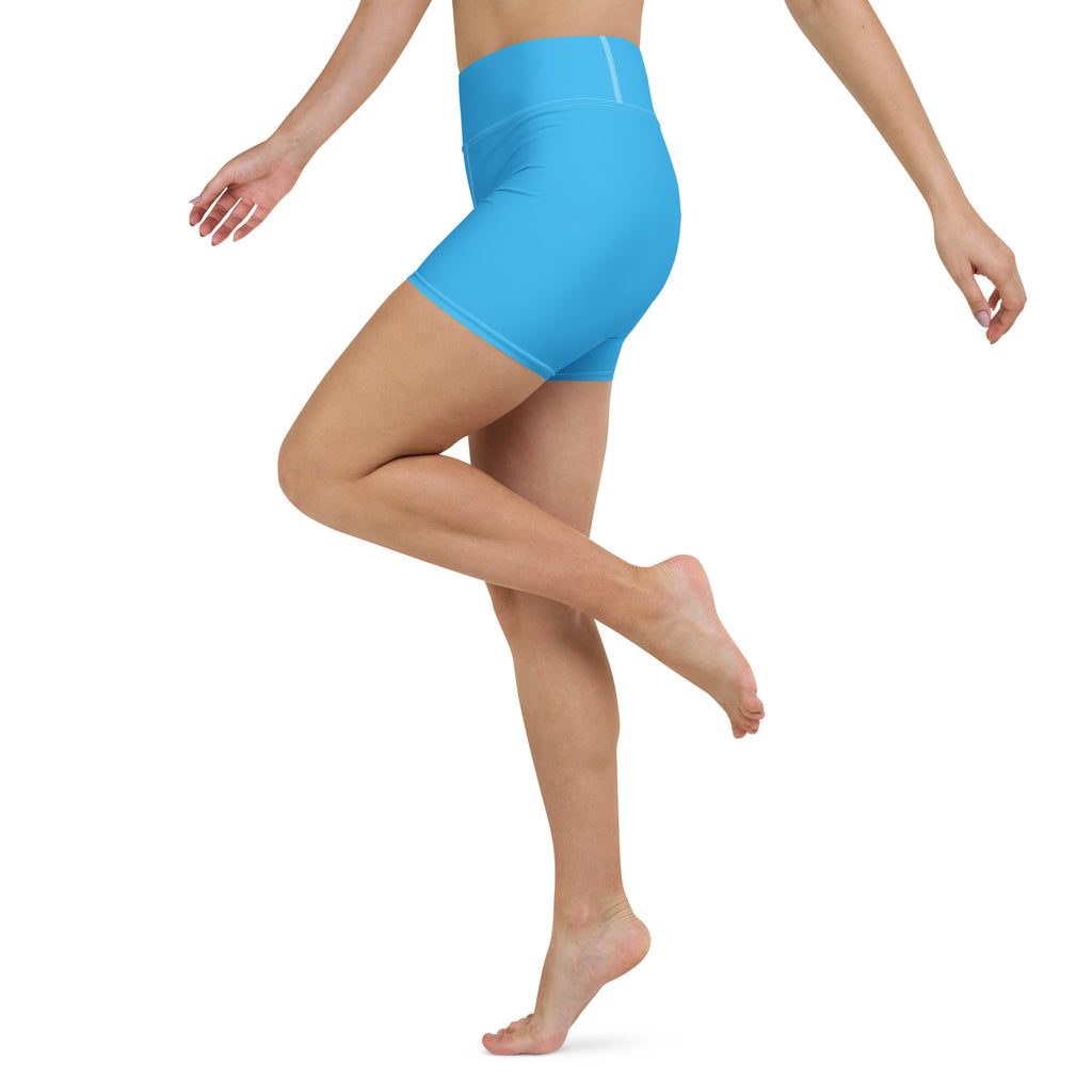 Women’s buttery soft sky blue high waisted yoga shorts made of smooth stretchy fabric for active wear