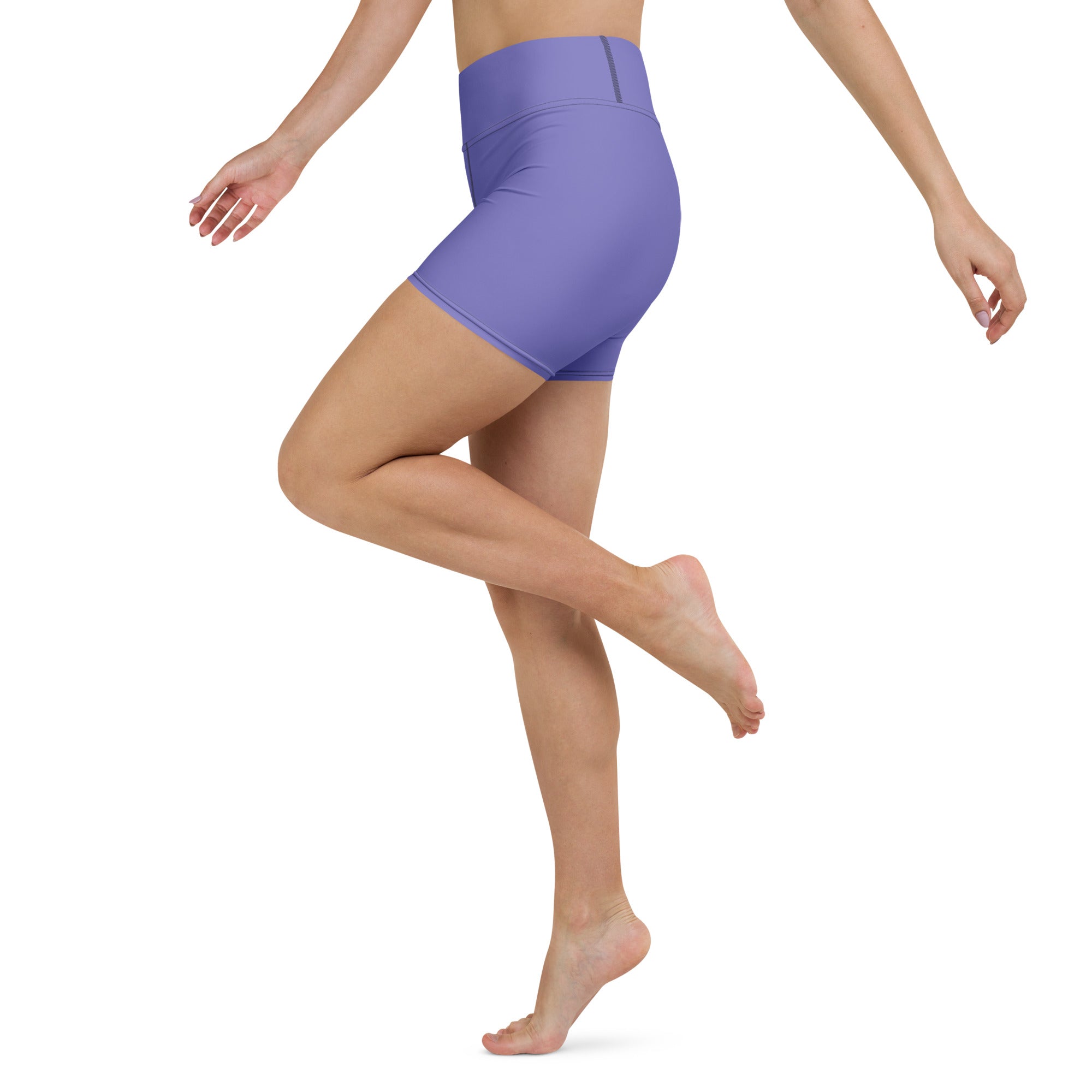 Women’s buttery soft purple high waisted yoga shorts with a sleek form fitting athletic design