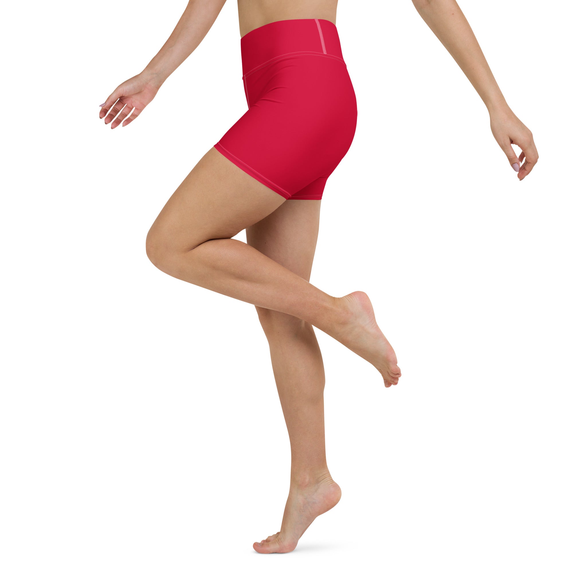 Women’s buttery soft holly red high waisted yoga shorts made of smooth stretchy fabric for active wear