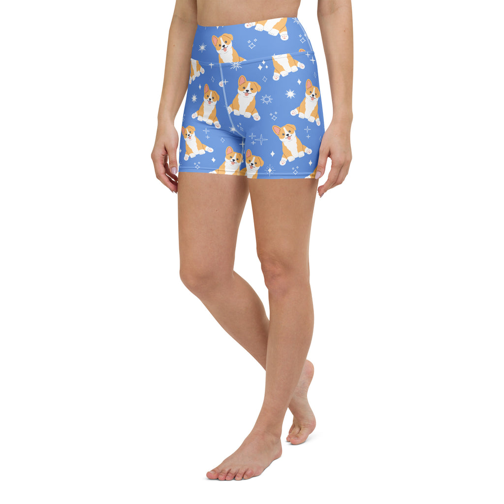Women’s blue high waisted buttery soft yoga shorts with playful orange and white corgi dog pattern and sparkles