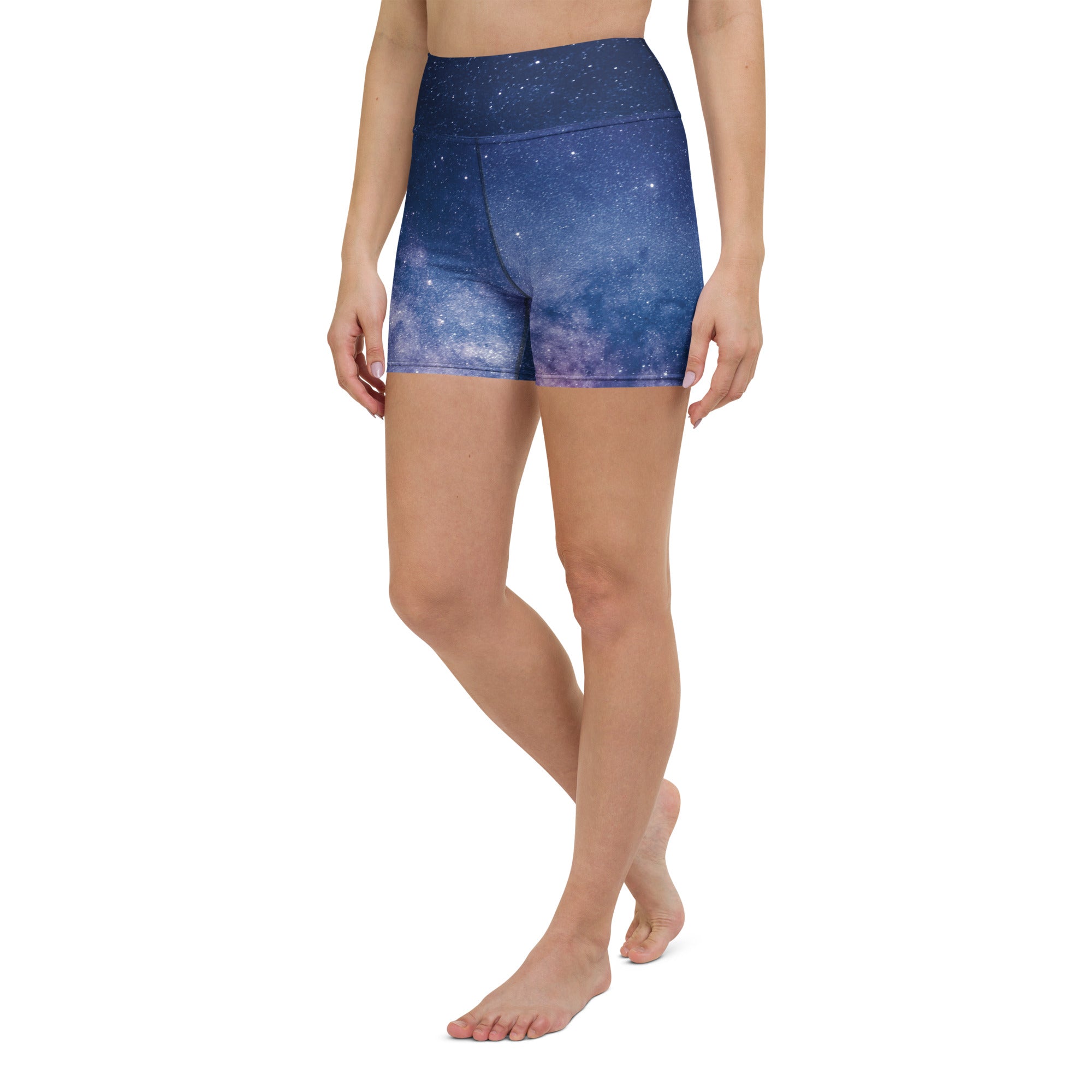 Women’s blue and purple galaxy-print high-waisted buttery soft yoga shorts for active wear