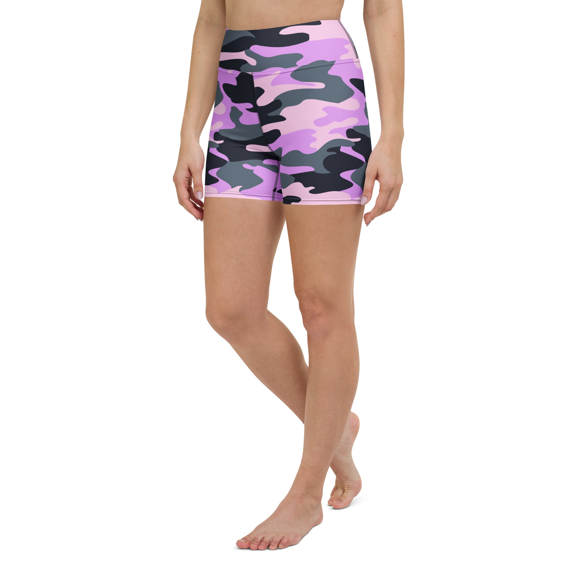 Women’s purple and black camouflage high waisted buttery soft yoga shorts designed for active wear