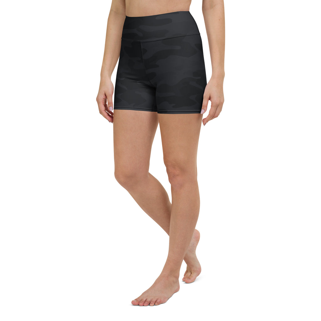 Women’s black camouflage high waisted buttery soft yoga shorts for comfortable activewear use