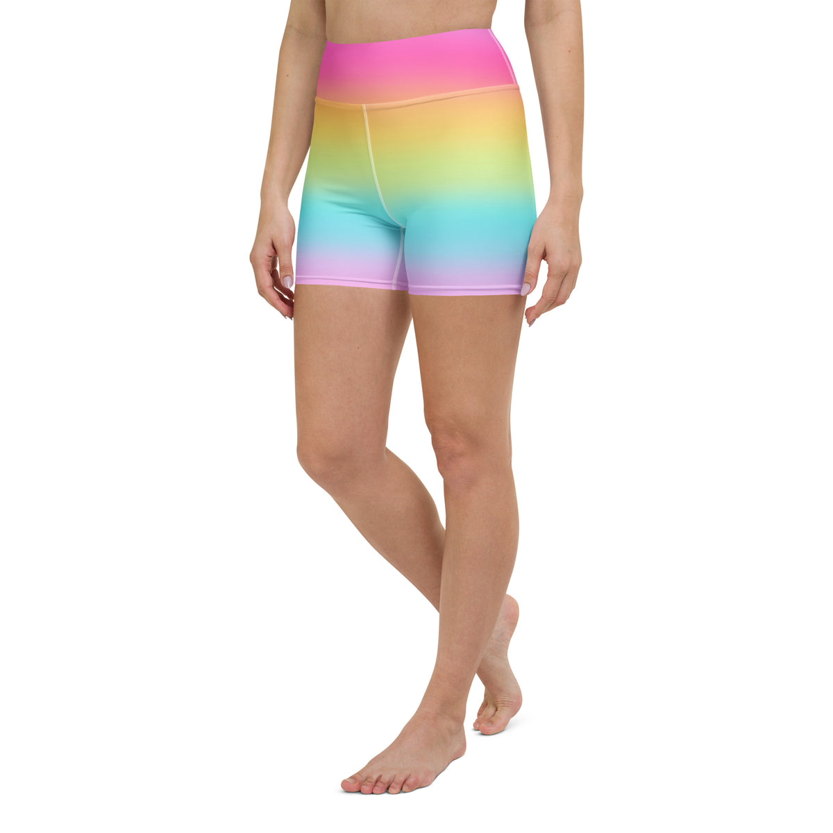 Women’s bright rainbow high waisted yoga shorts in stretchy buttery soft fabric for active wear