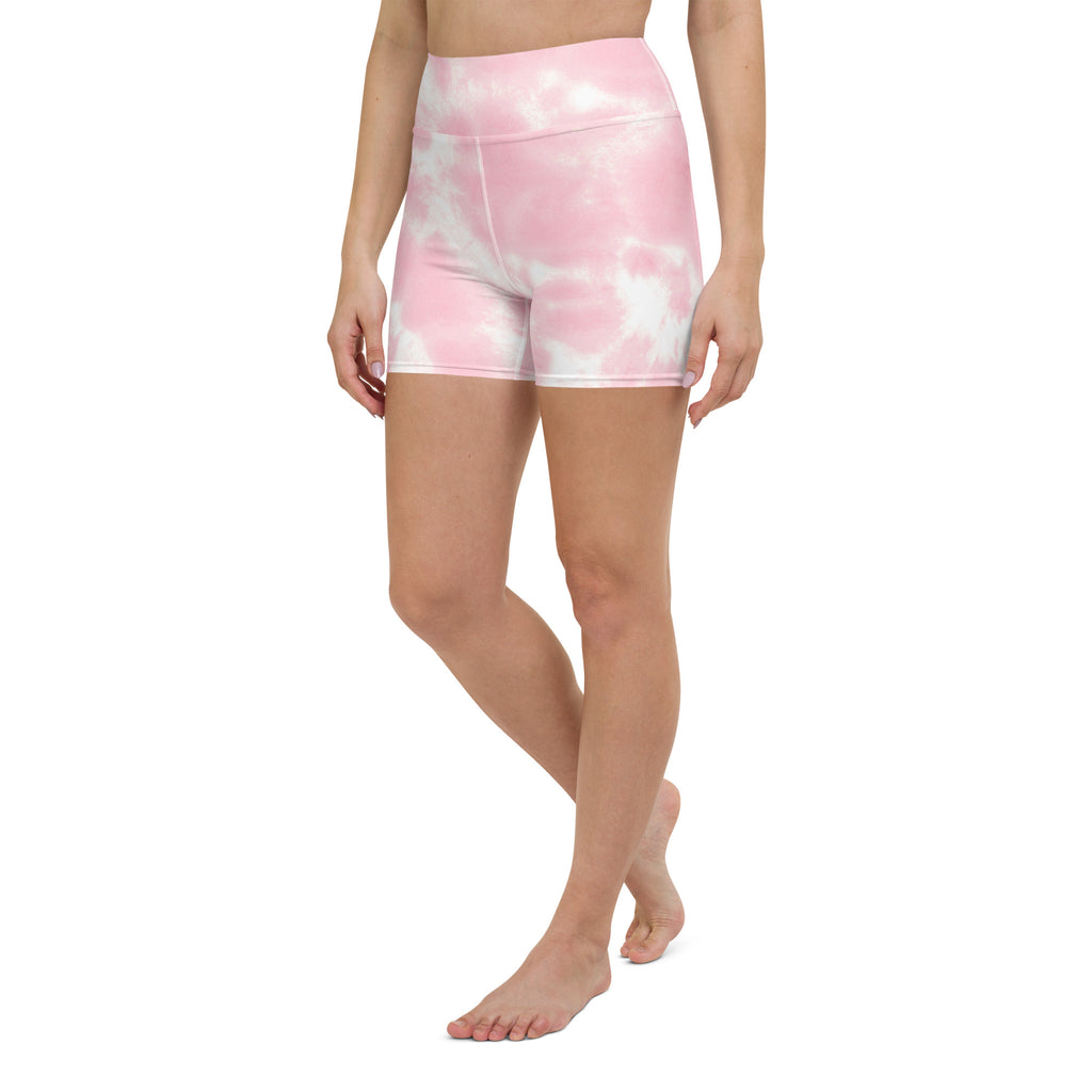 Women’s pink and white tie dye high waisted yoga shorts with buttery soft fabric for active wear