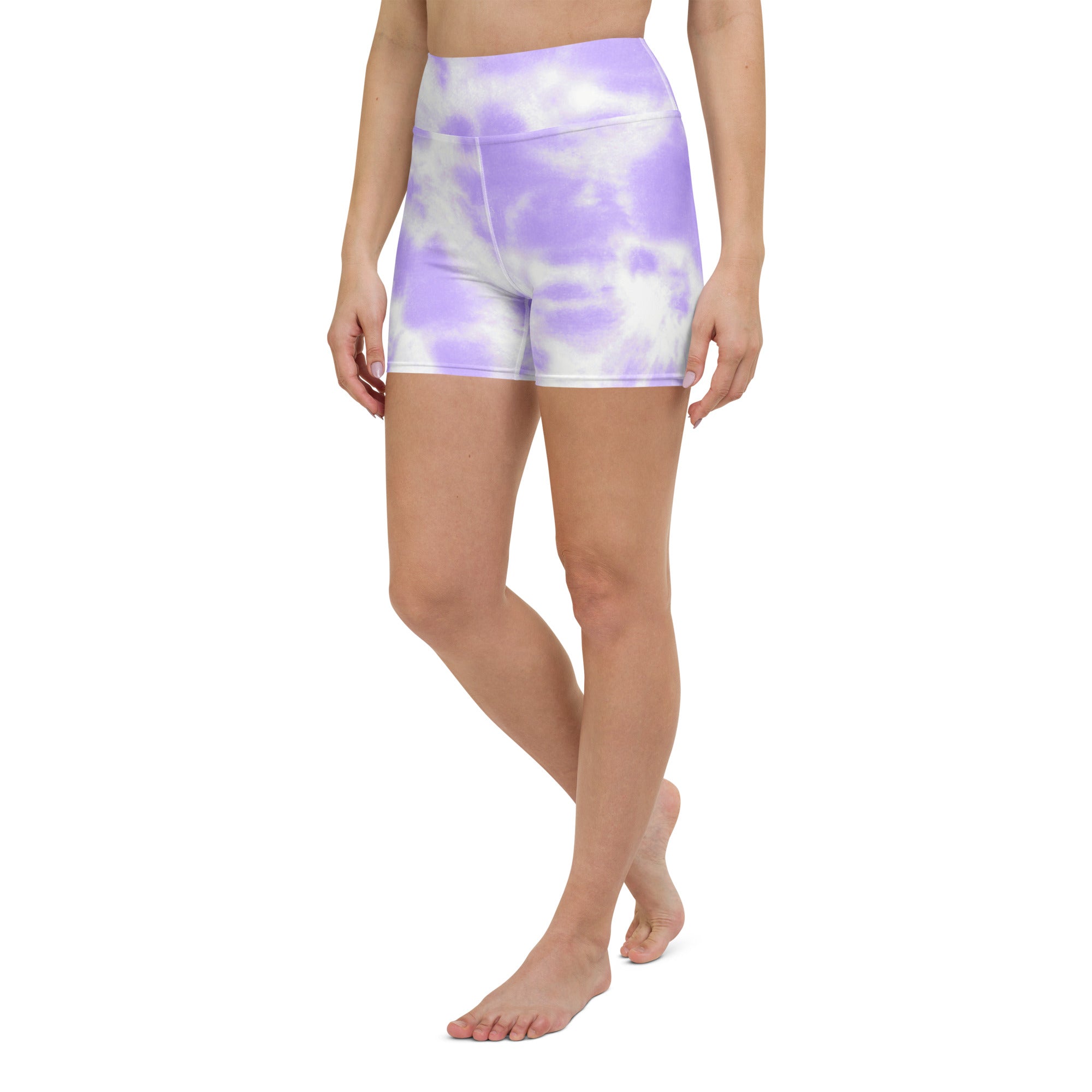 Women’s high waisted buttery soft yoga shorts in purple and white tie dye for active wear and comfort