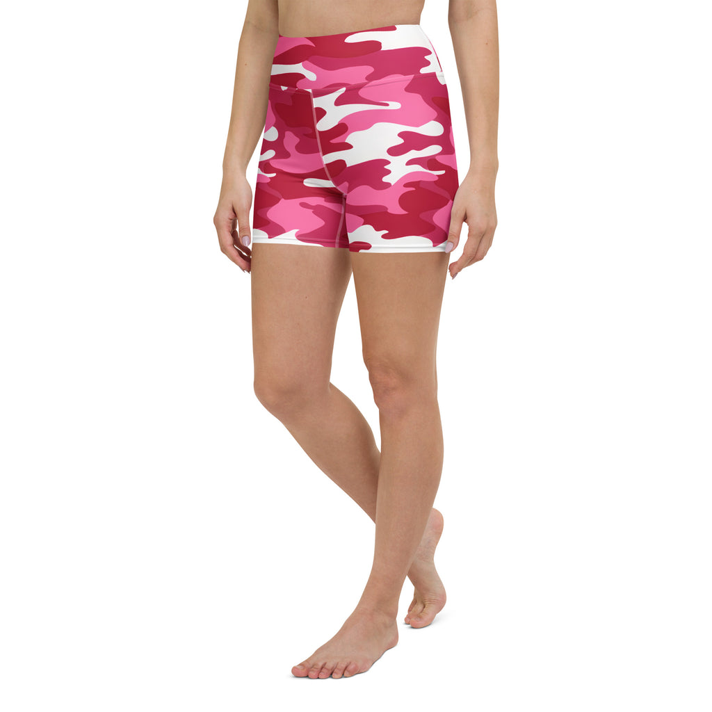 Women’s bright pink and white camouflage high waisted buttery soft yoga shorts for activewear