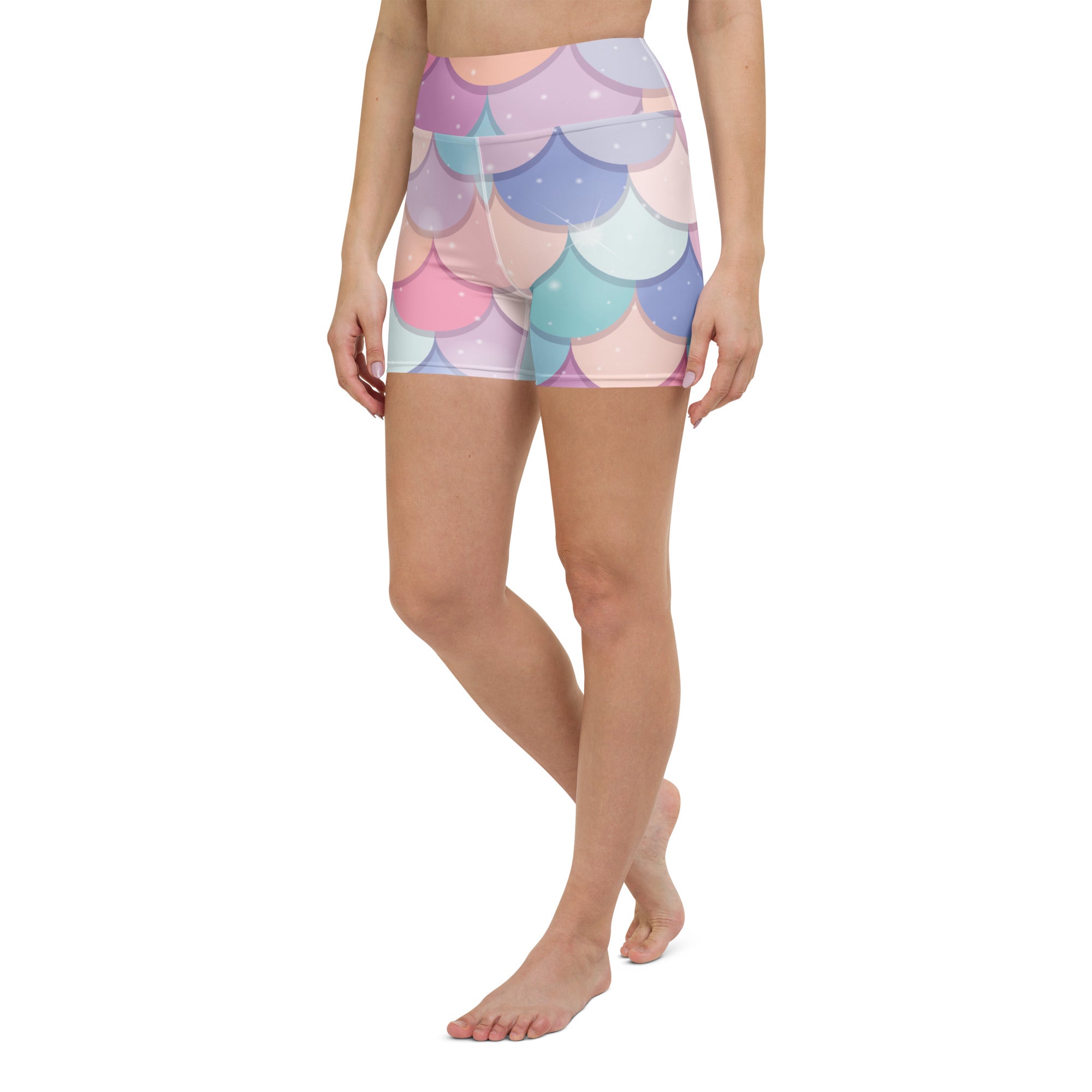Women’s high waisted pastel rainbow mermaid scale yoga shorts made of buttery soft activewear fabric