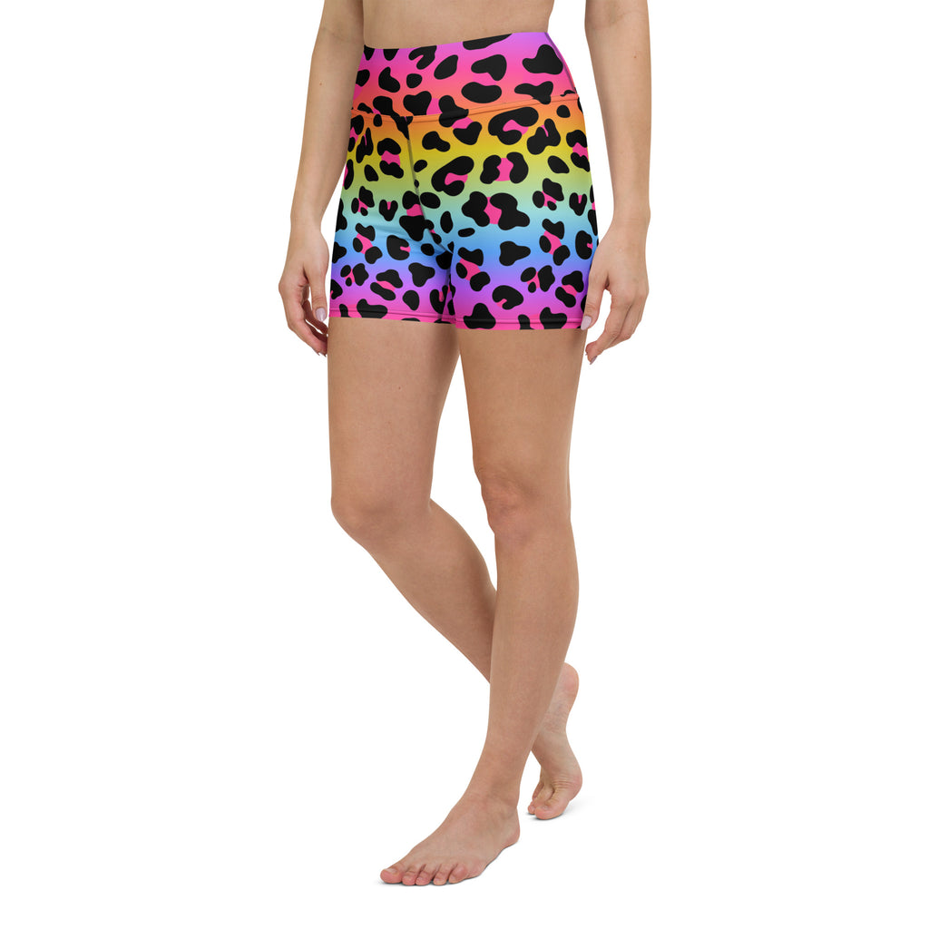 Women’s vibrant rainbow leopard-print high-waisted buttery soft yoga shorts perfect for activewear