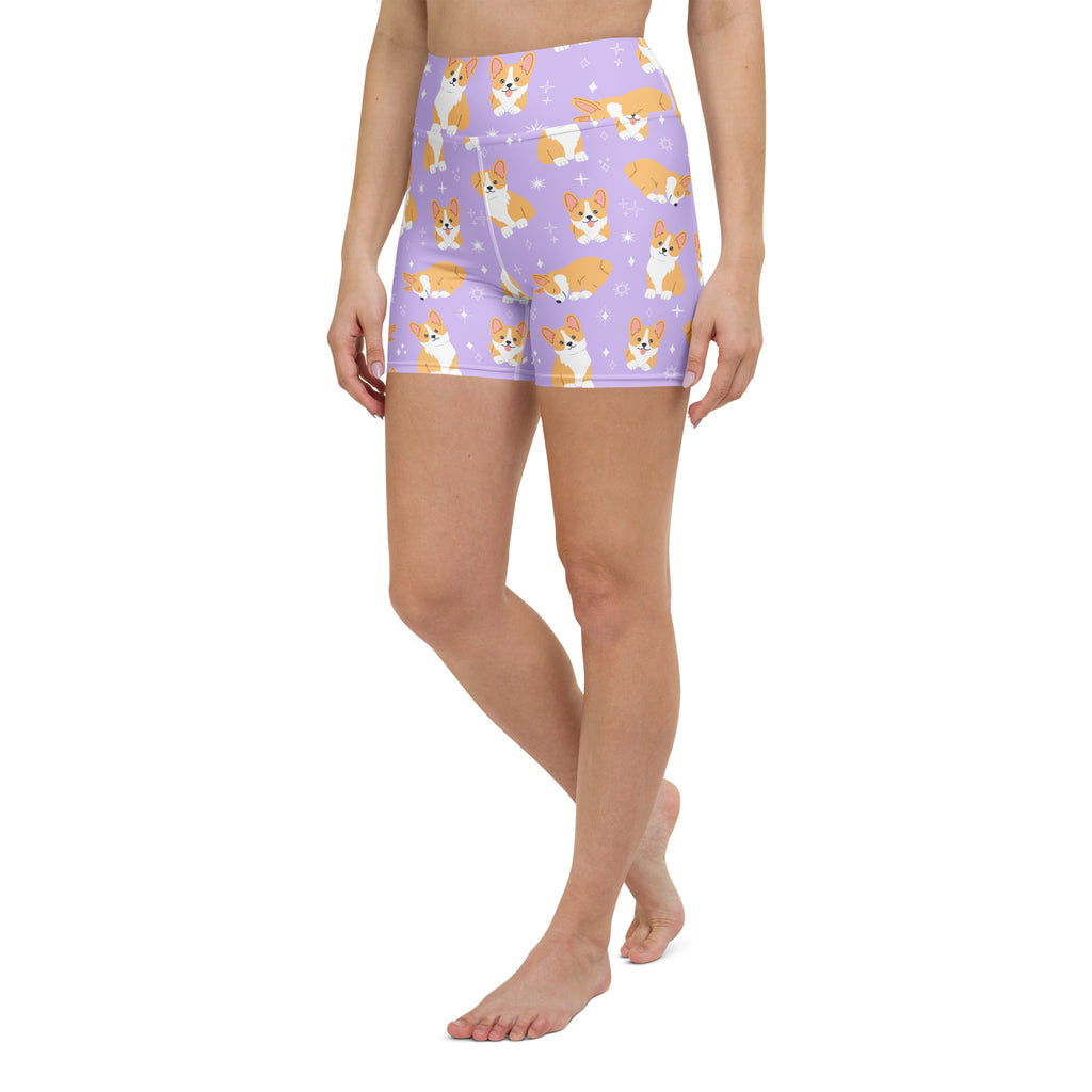 Women’s purple high waisted buttery soft yoga shorts with orange and white corgi dog pattern and star accents