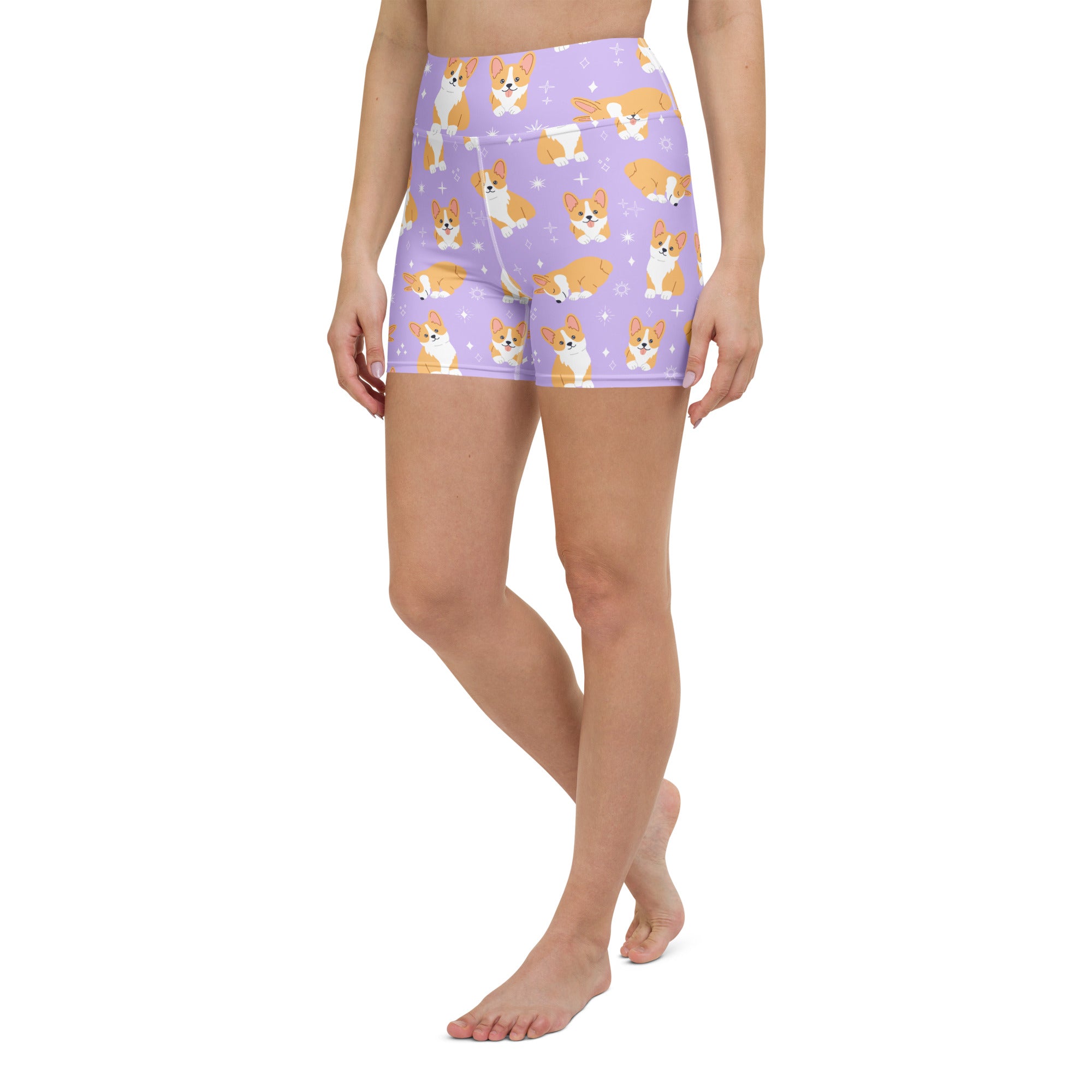 Women’s purple high waisted buttery soft yoga shorts with orange and white corgi dog pattern and star accents