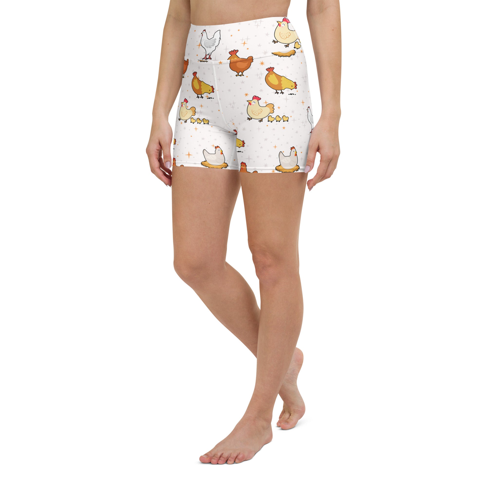 Women’s white high waisted buttery soft chicken yoga shorts with colorful cartoon chicken pattern for active wear