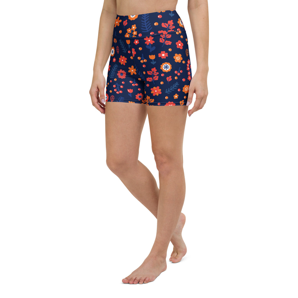 Women’s navy high waisted yoga shorts with vibrant orange red and white floral pattern buttery soft fabric