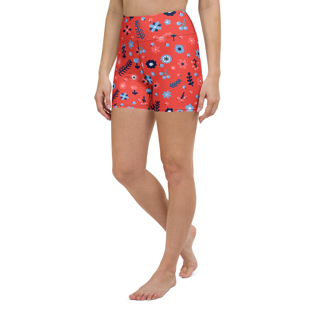 Women’s red high waisted floral yoga shorts with blue and black botanical designs buttery soft fabric