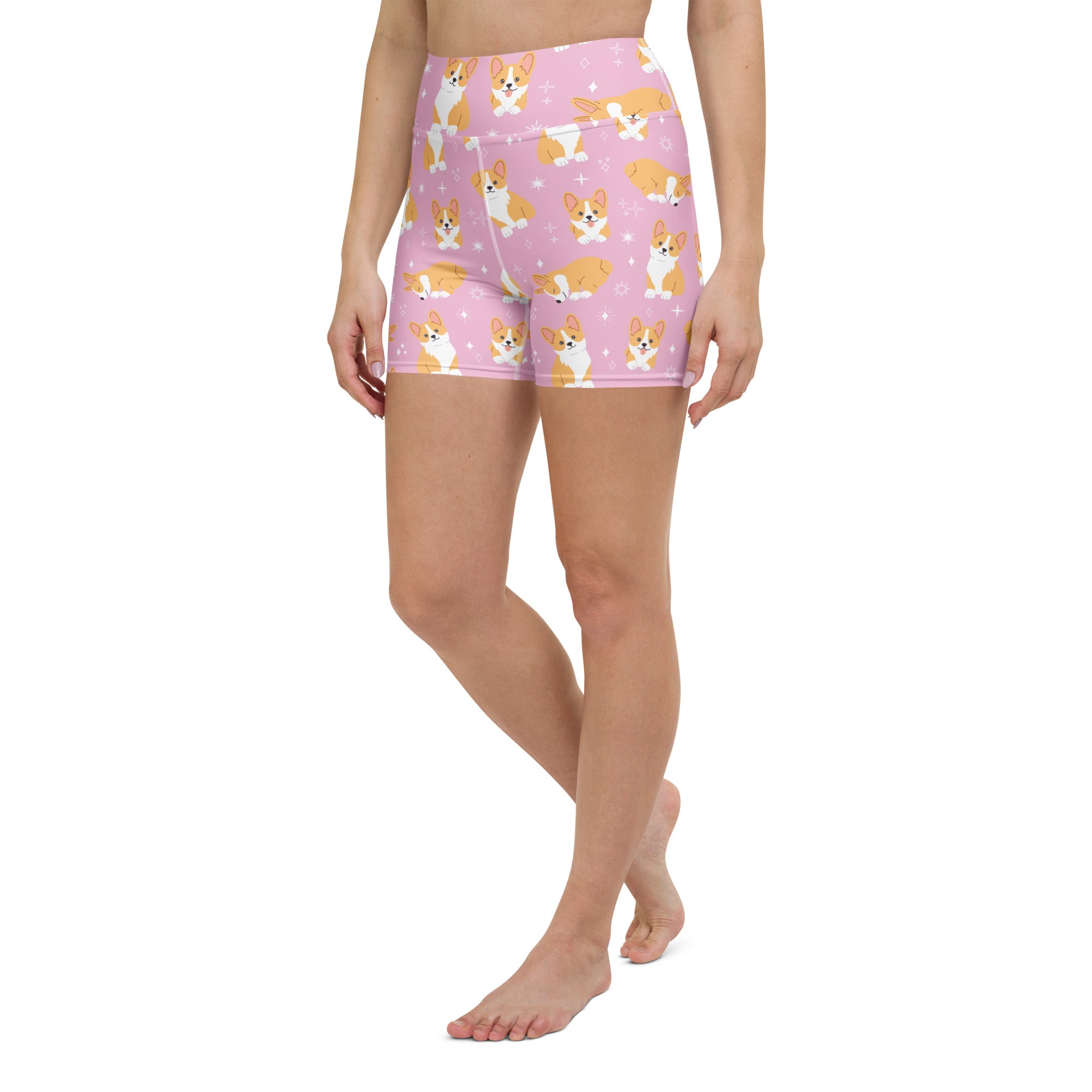Women’s pink high waisted buttery soft yoga shorts with tan and white cartoon corgi dog pattern