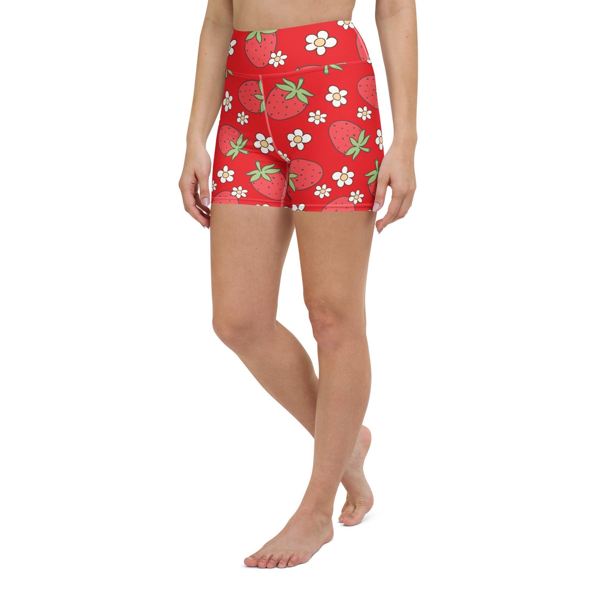 Women’s high waisted red strawberry floral yoga shorts made of buttery soft fabric for active wear