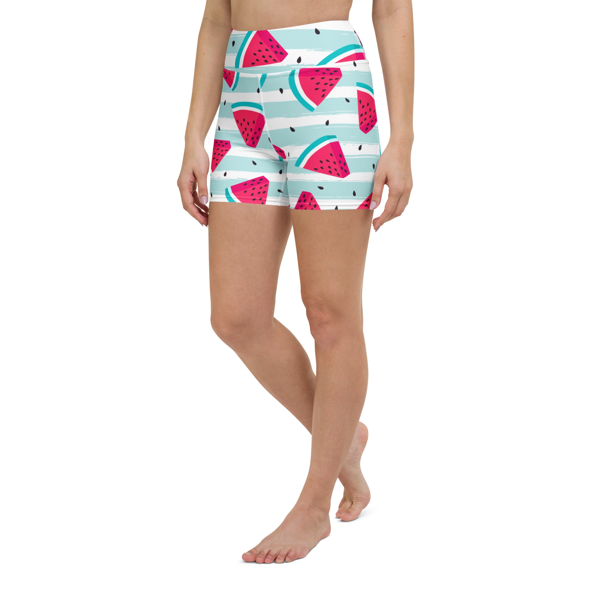 Women’s high waisted watermelon stripe yoga shorts in vibrant pink and teal buttery soft active pants