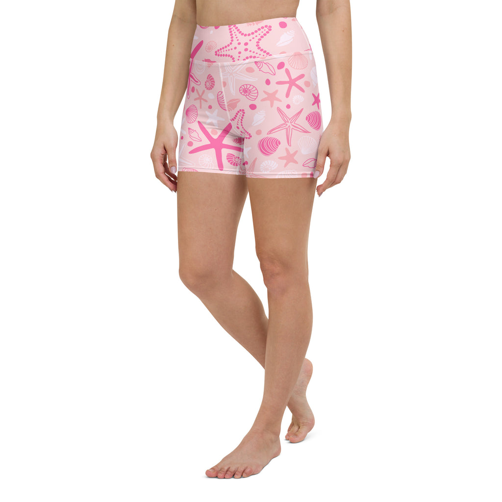 Women’s pink starfish and seashell patterned high waisted buttery soft yoga shorts for activewear