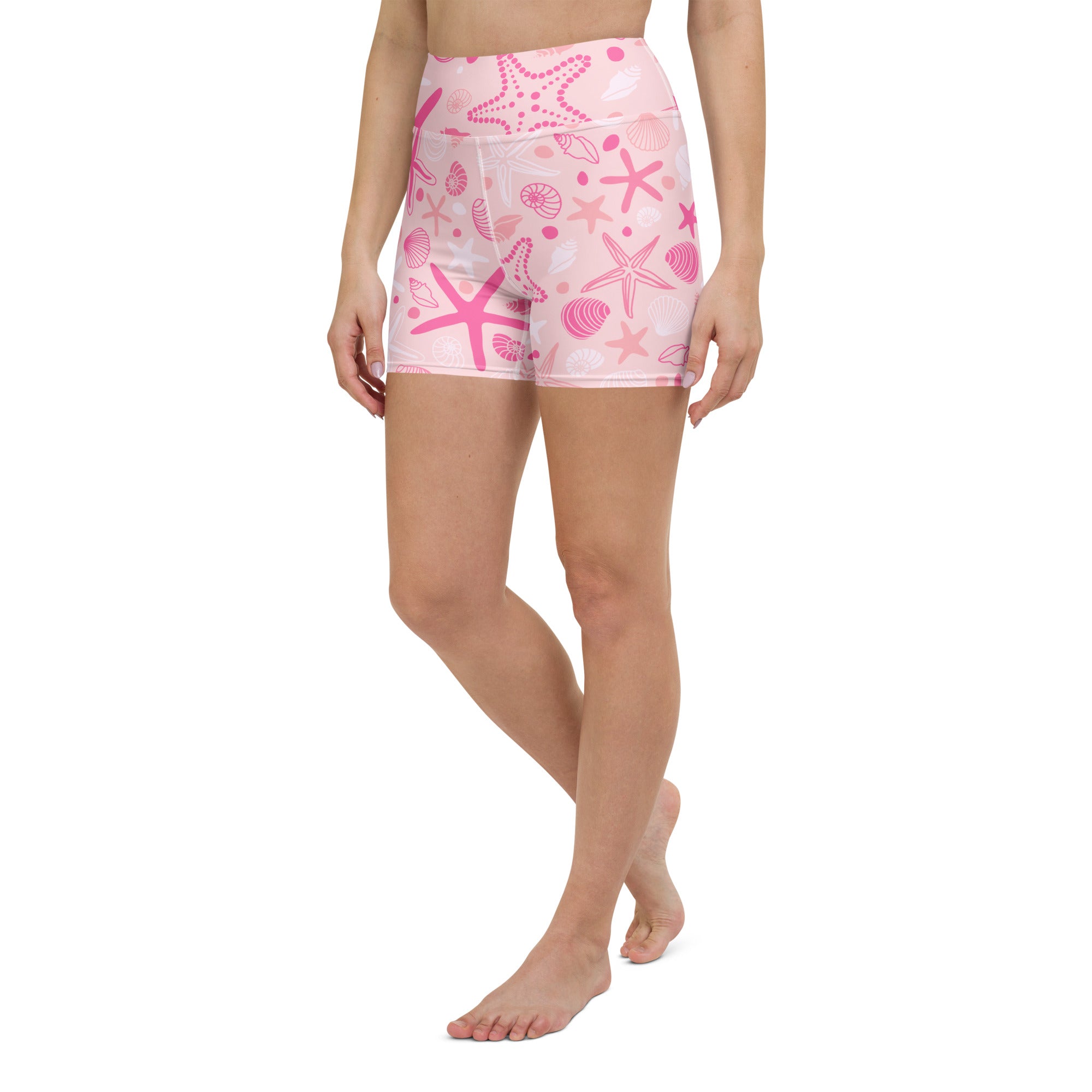 Women’s pink starfish and seashell patterned high waisted buttery soft yoga shorts for activewear