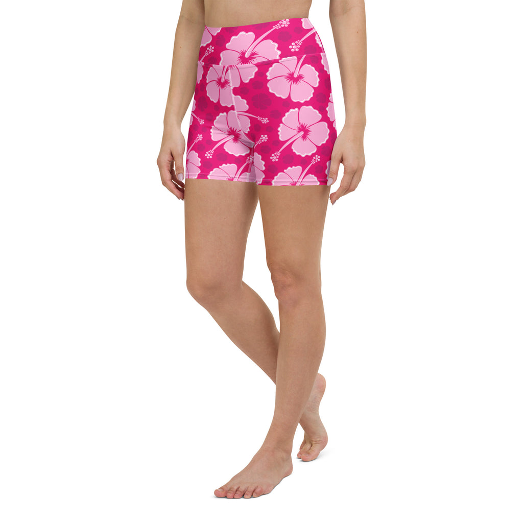 Women’s tropical pink hibiscus high waisted buttery soft yoga shorts with a bold lighter pink floral pattern