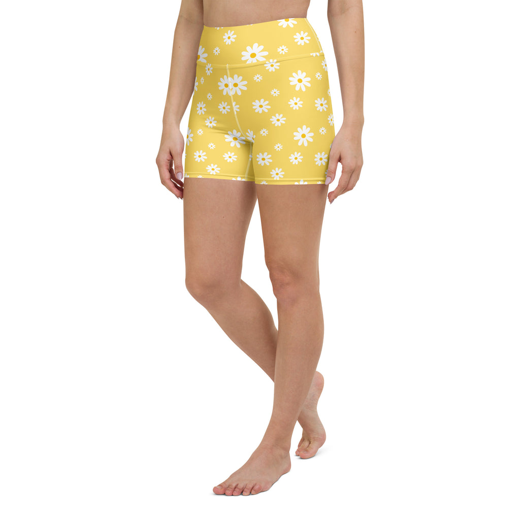 Women’s Yellow Daisy Yoga Shorts – High Waisted Buttery Soft Active Pants