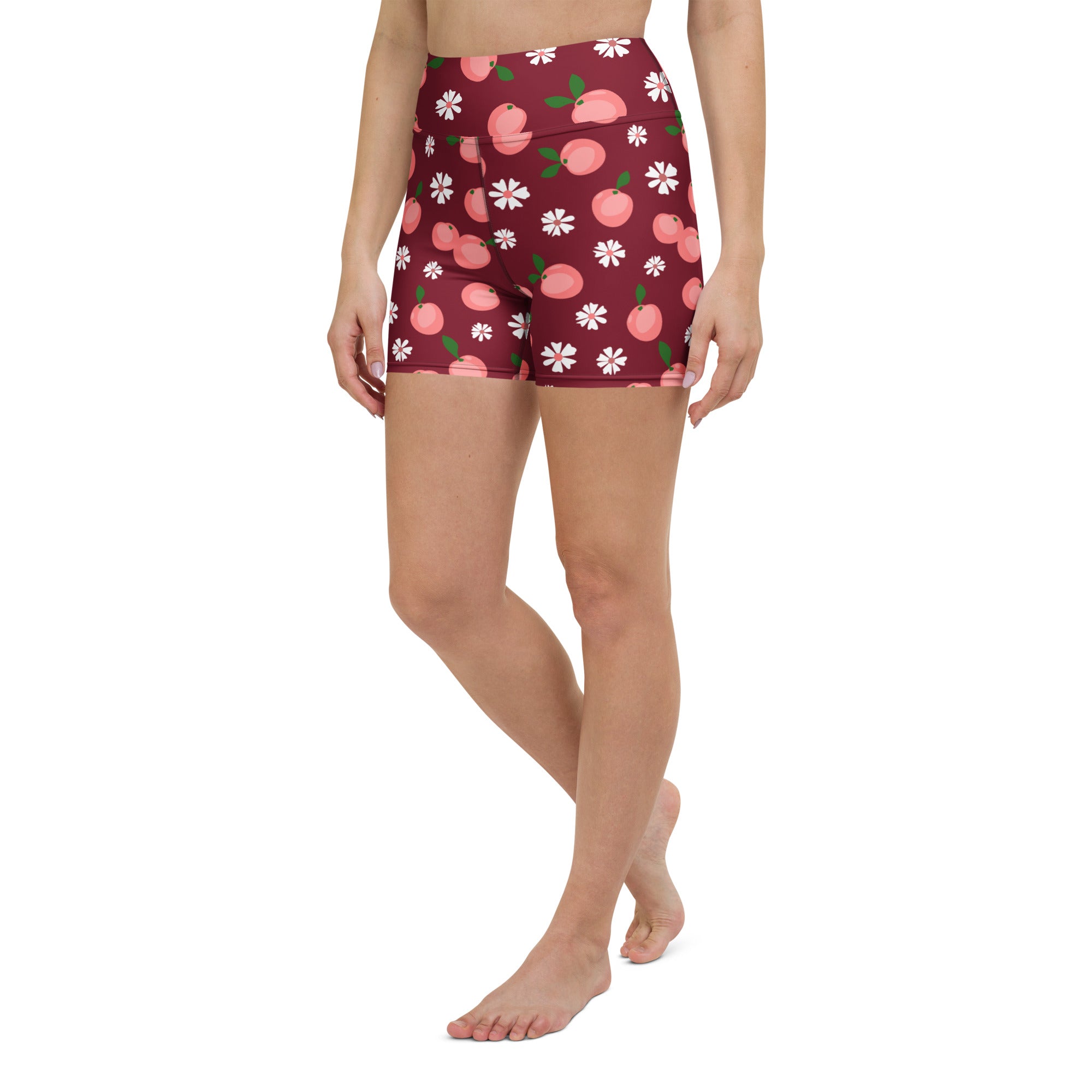 Women’s maroon high waisted peach floral yoga shorts with pink peaches white daisies buttery soft fabric