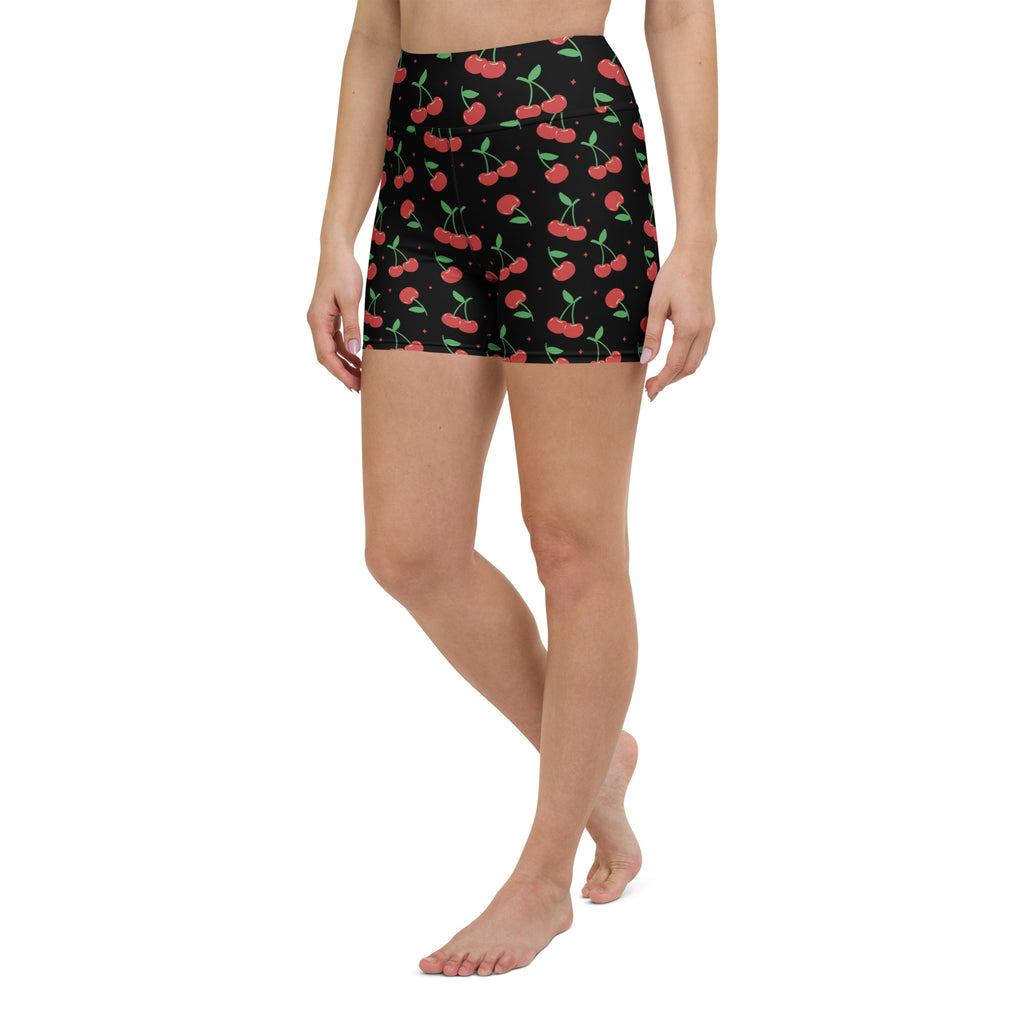 Women’s black cherry yoga shorts high waisted buttery soft active pants with vibrant red cherry pattern and green stems