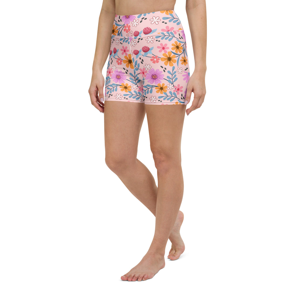 Women’s pink floral yoga shorts high waisted buttery soft active pants with vibrant orange purple and blue flowers