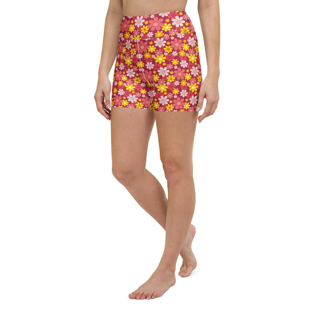 Women’s high waisted buttery soft yoga shorts with pink and yellow floral pattern for active wear