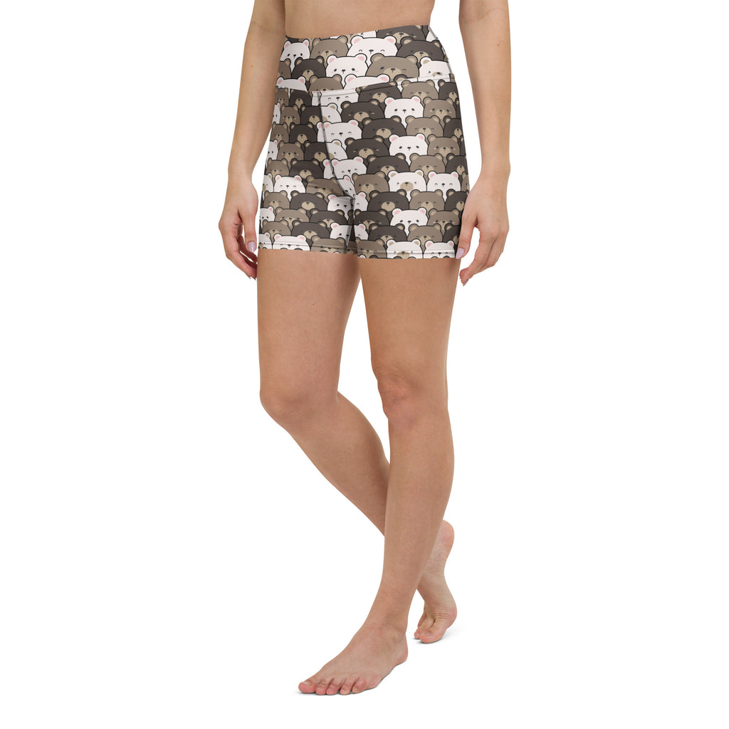Women’s bear face high waisted yoga shorts in buttery soft fabric with white and gray cartoon bears on dark brown background