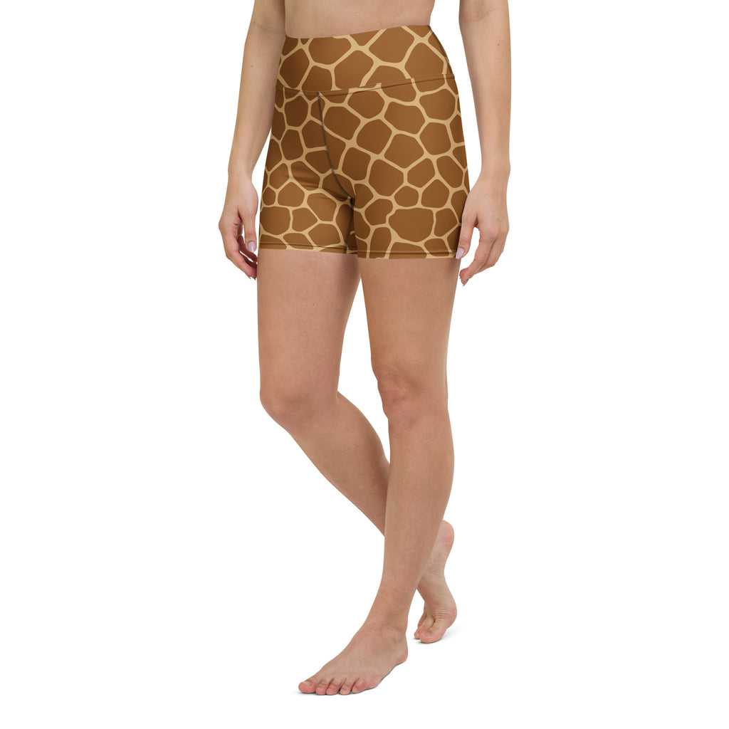 Women’s high waisted buttery soft yoga shorts in brown giraffe print for activewear and comfort