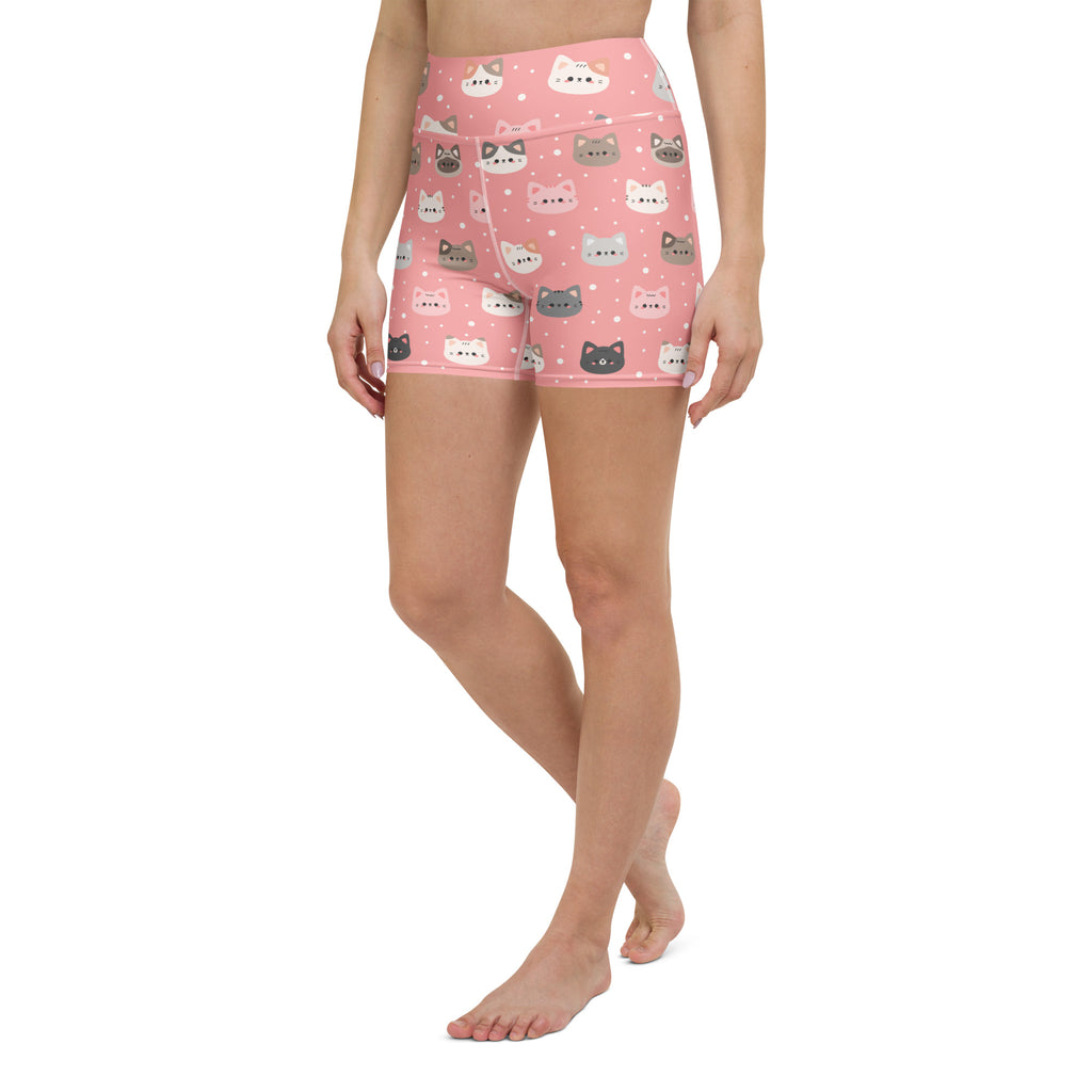 Women’s cute pink cat faces yoga shorts high waisted buttery soft active pants with colorful cartoon cats pattern