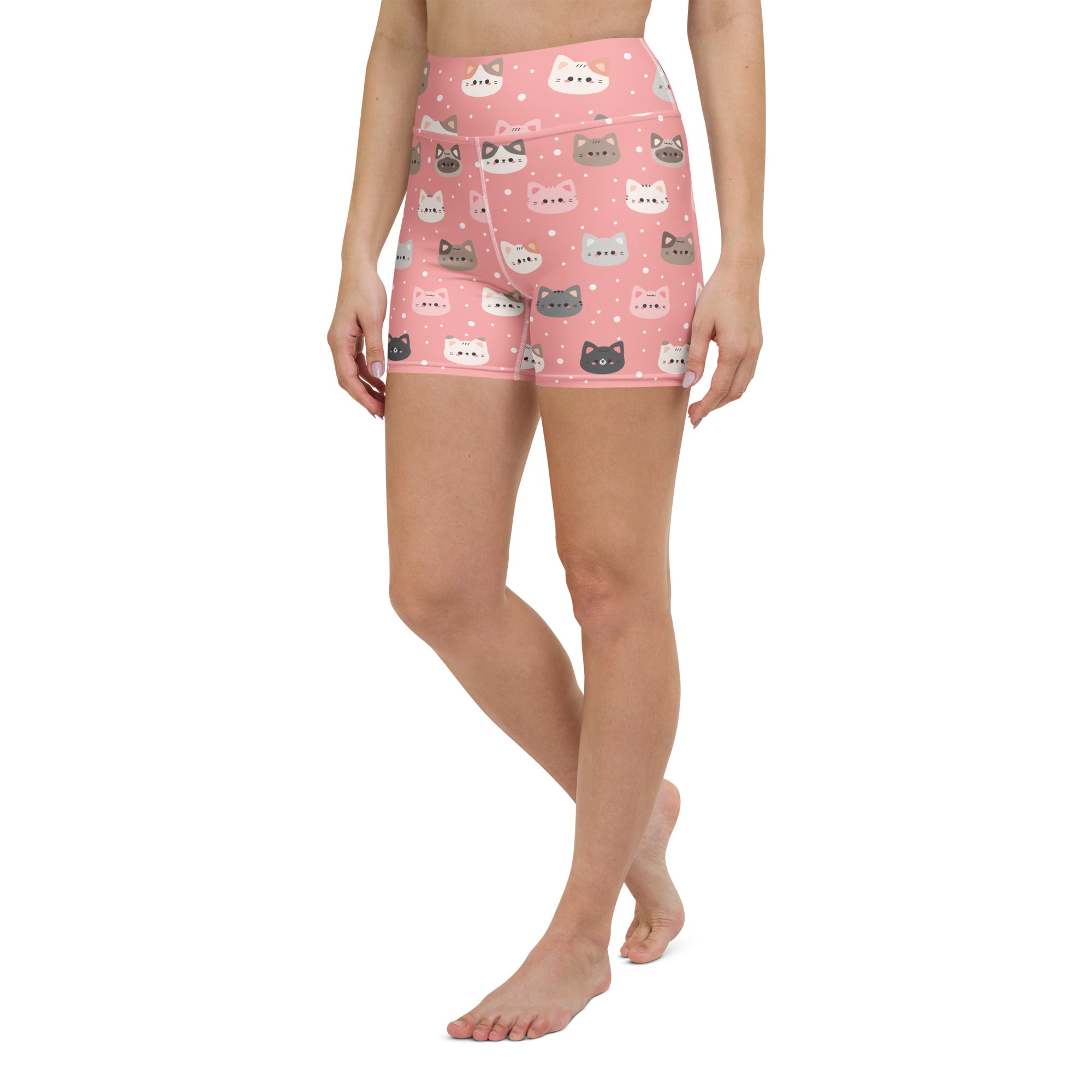 Women’s cute pink cat faces yoga shorts high waisted buttery soft active pants with colorful cartoon cats pattern