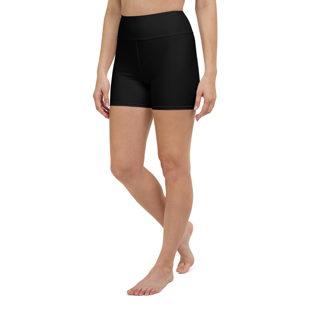 Women’s buttery soft black high waisted yoga shorts made of smooth stretchy fabric for active wear