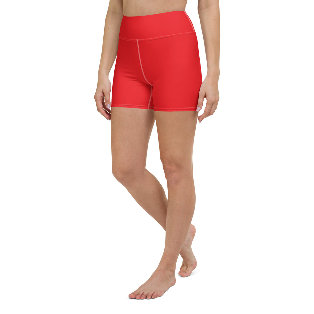 Women’s buttery soft red yoga shorts with high waisted seamless stretchy fabric design for active wear