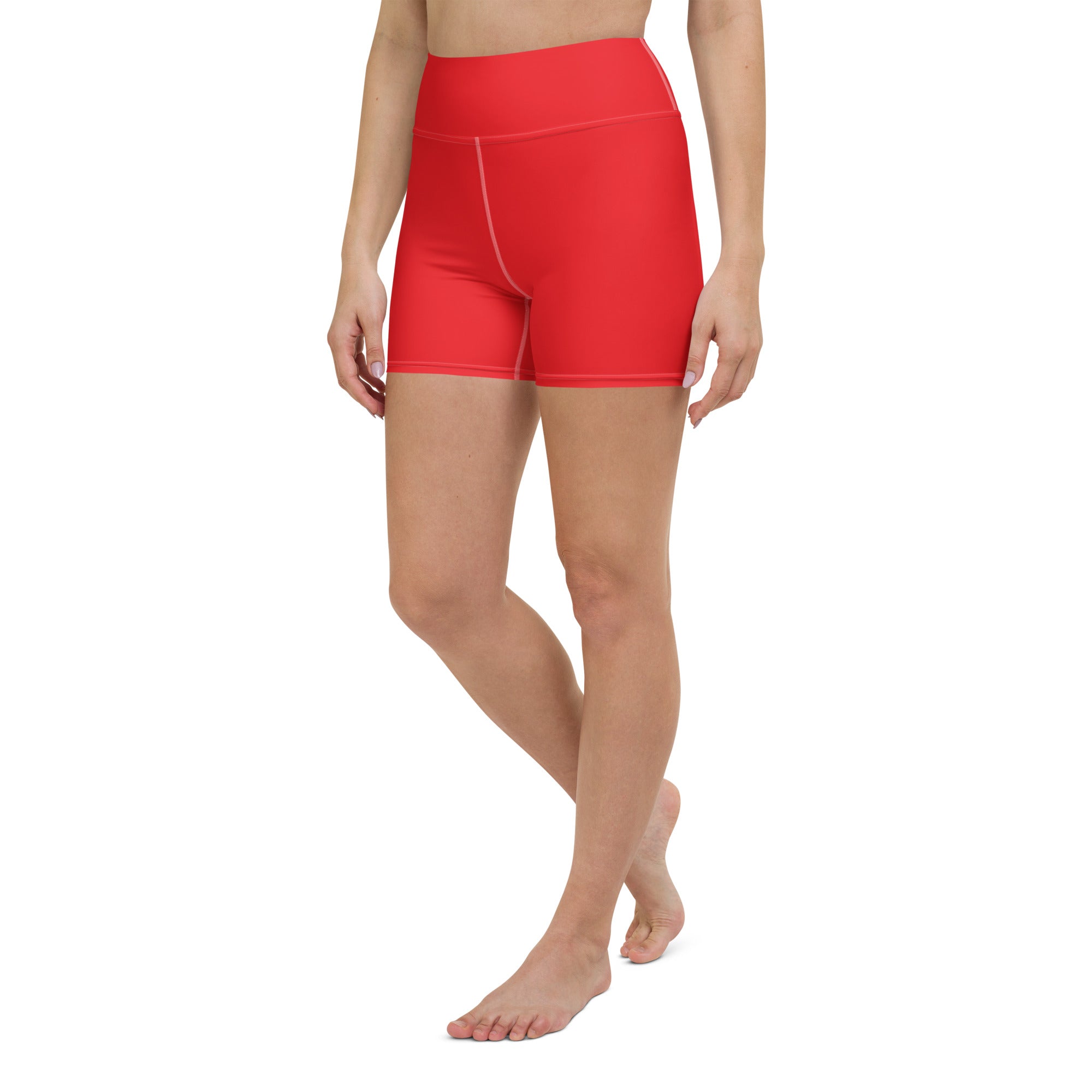 Women’s buttery soft red yoga shorts with high waisted seamless stretchy fabric design for active wear