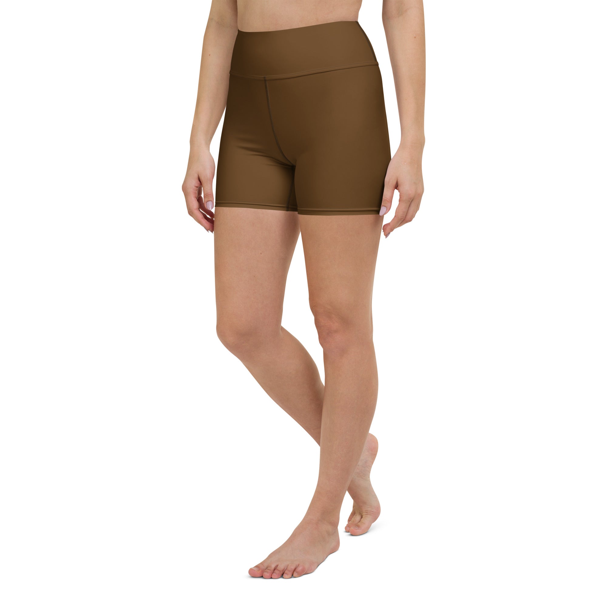 Women’s buttery soft brown high waisted yoga shorts made from soft fabric for comfortable active wear