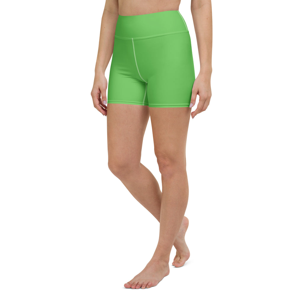 Bright green high waisted buttery soft yoga shorts made from smooth stretchy fabric for women activewear