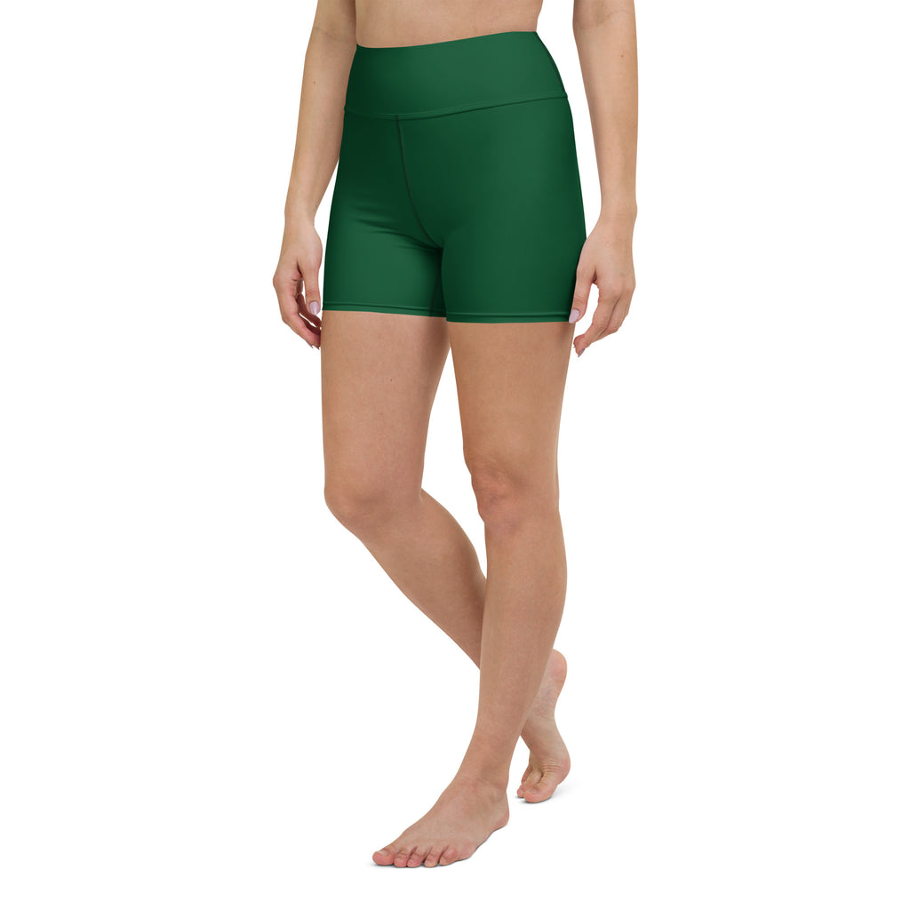 Dark green high waisted yoga shorts made of buttery soft stretchy fabric for women’s activewear