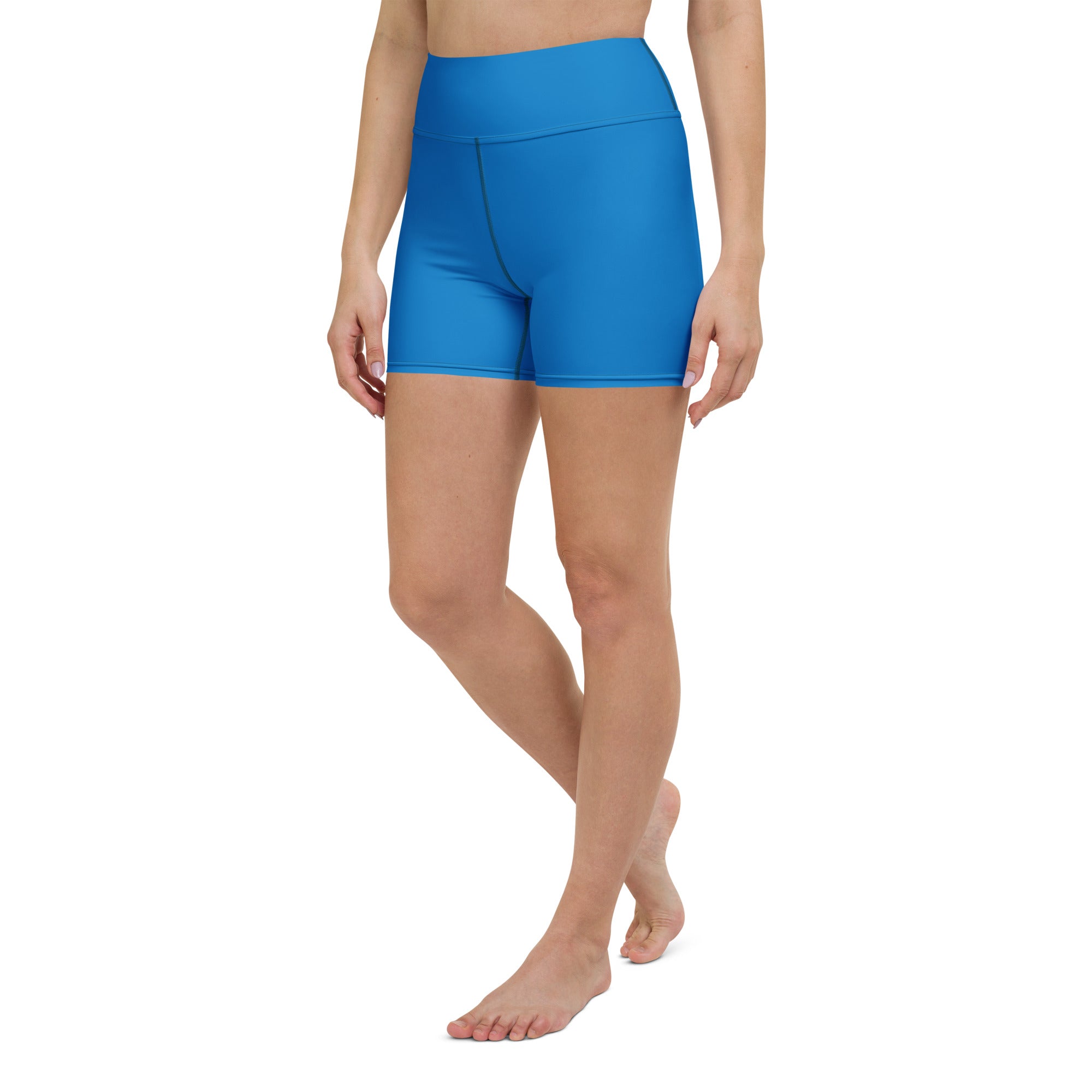 Bright blue high waisted yoga shorts made from smooth stretchy buttery soft fabric for active wear