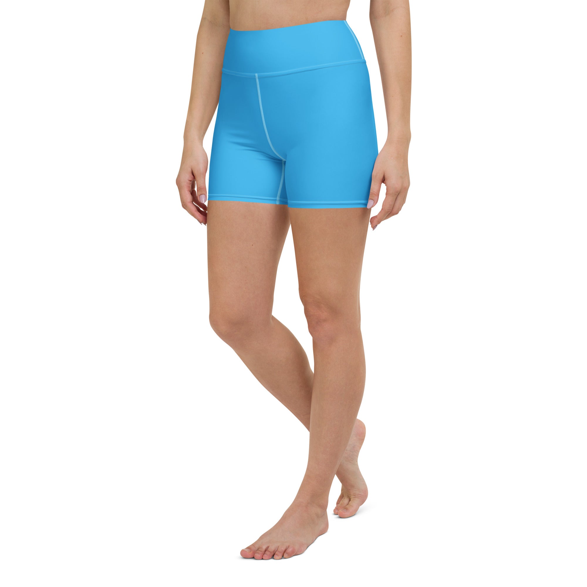 Bright blue high-waisted women’s buttery soft yoga shorts made of smooth stretchy fabric for activewear