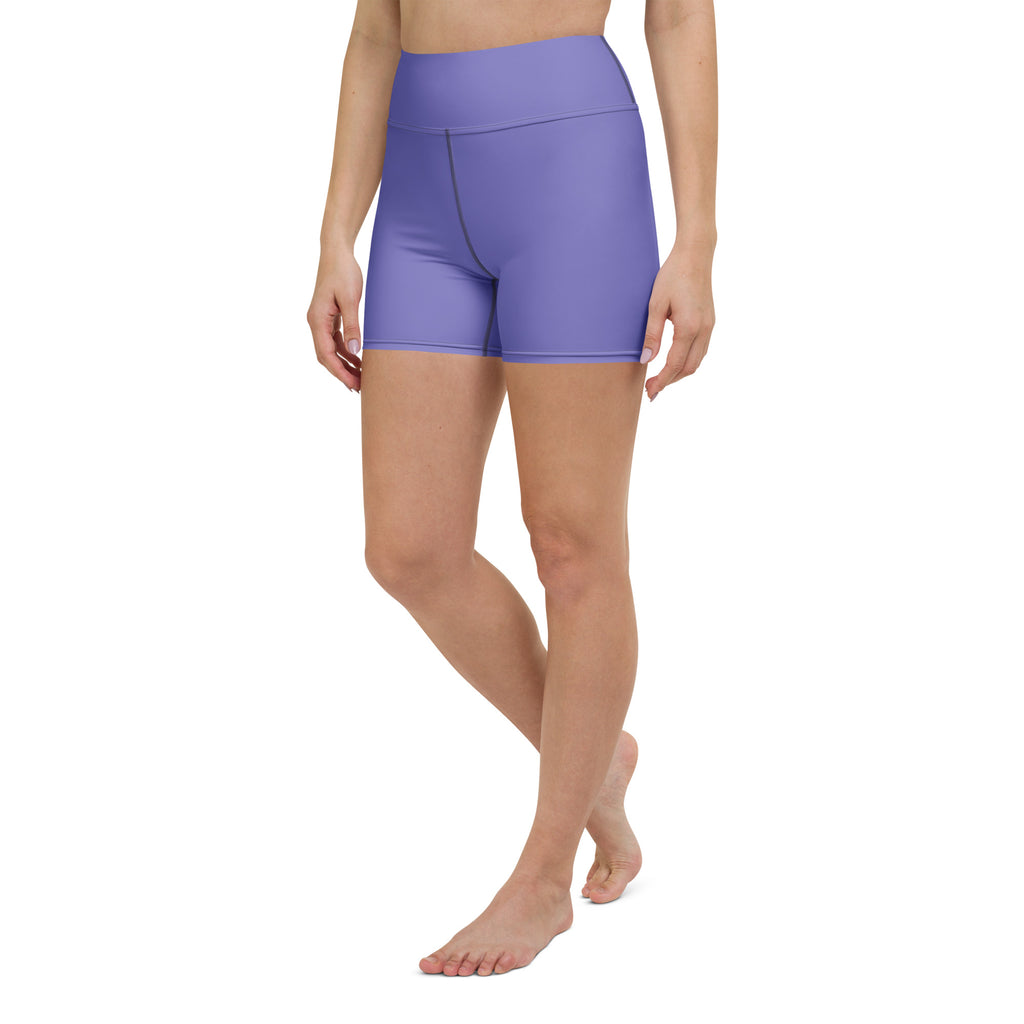 Women’s buttery soft purple high waisted yoga shorts with smooth stretchy fabric and subtle seam detailing