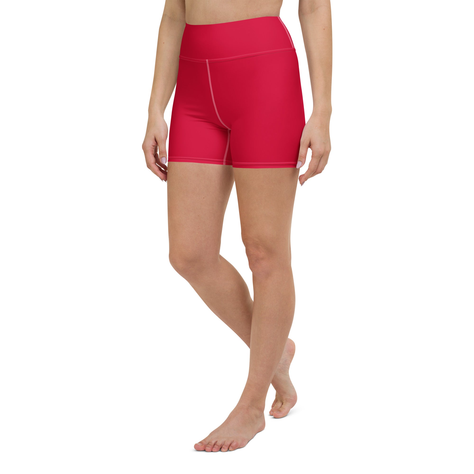 Bright red high waisted buttery soft womens yoga shorts with seamless stretchy fabric for activewear
