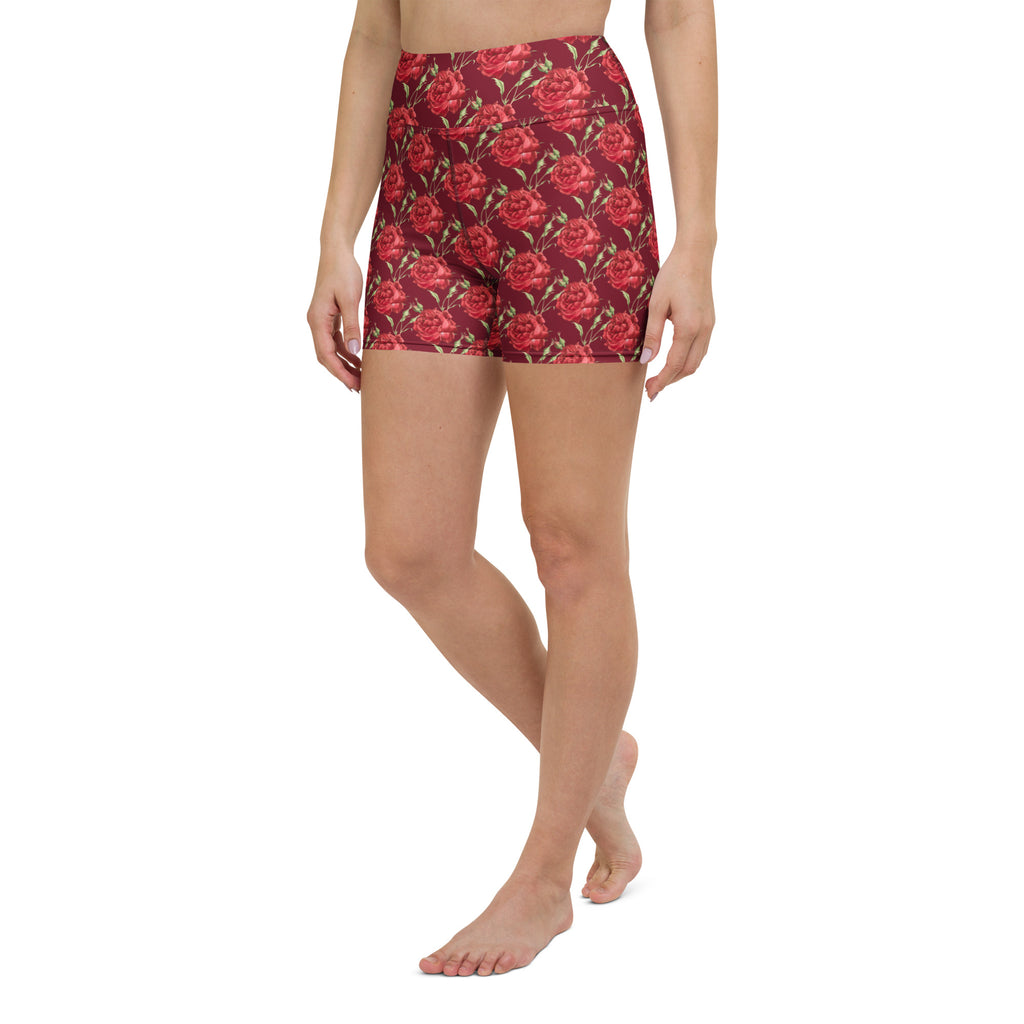 Women’s high waisted buttery soft burgundy rose floral yoga shorts with red floral pattern for activewear