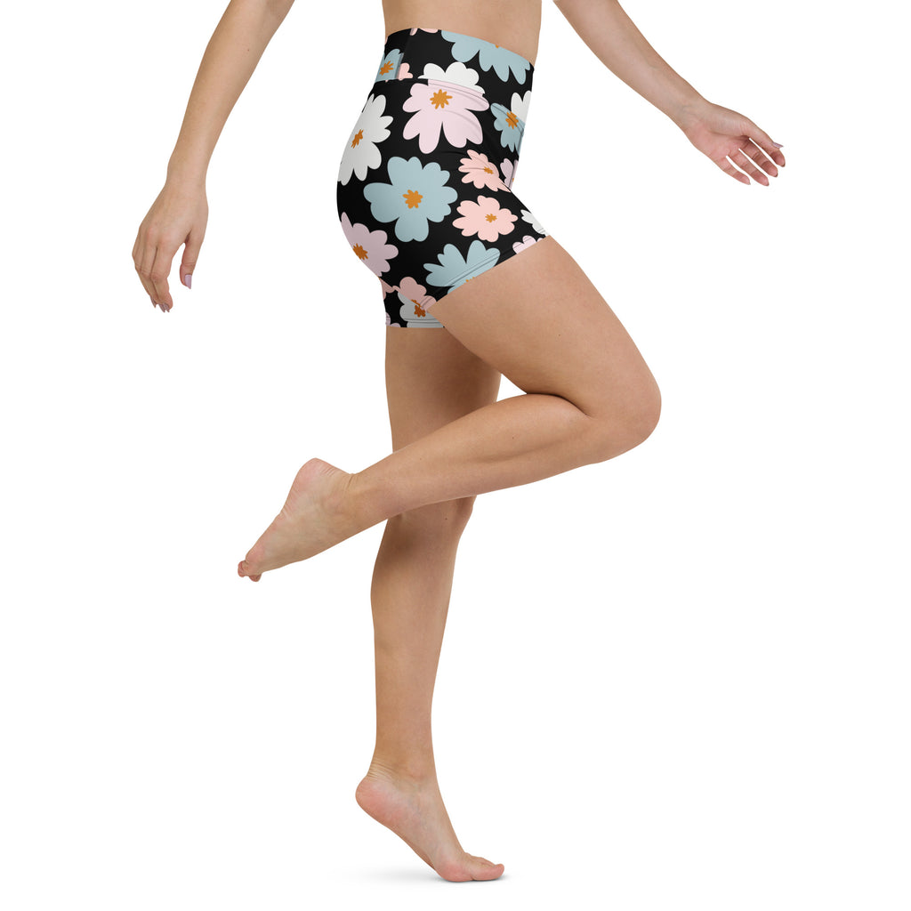 Women’s retro floral yoga shorts high waisted black buttery soft fabric with pink light blue white daisies and orange centers
