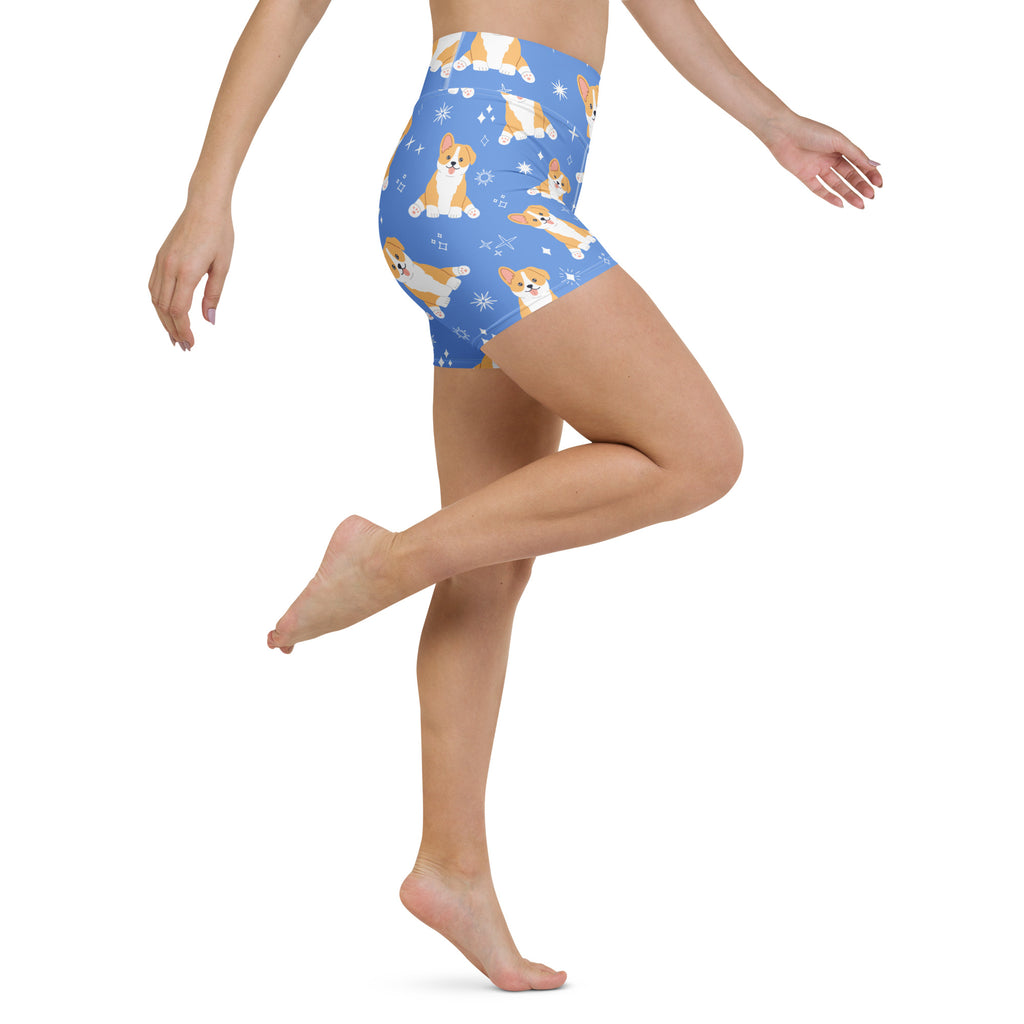 Women’s blue high waisted buttery soft yoga shorts with tan and white corgi dog and snowflake pattern