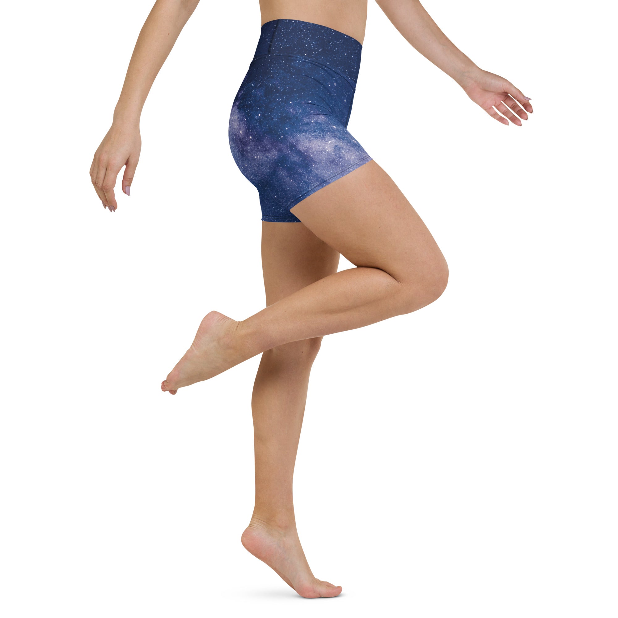 Women’s blue galaxy-print high waisted yoga shorts made of buttery soft fabric for active wear