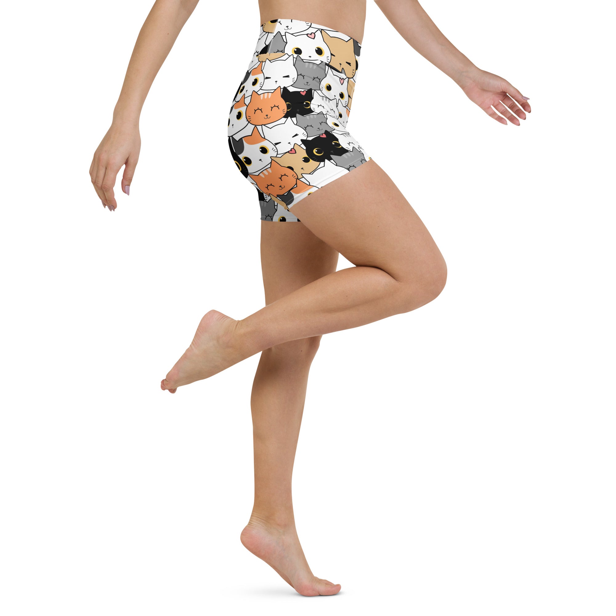 Women’s white high waisted buttery soft yoga shorts with colorful cartoon cat face print for active wear
